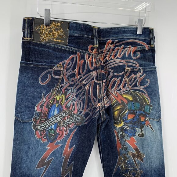 Christian Audigier embellished jeans embroidery skull stud crown blue Y2K men 32 - Picture 9 of 14